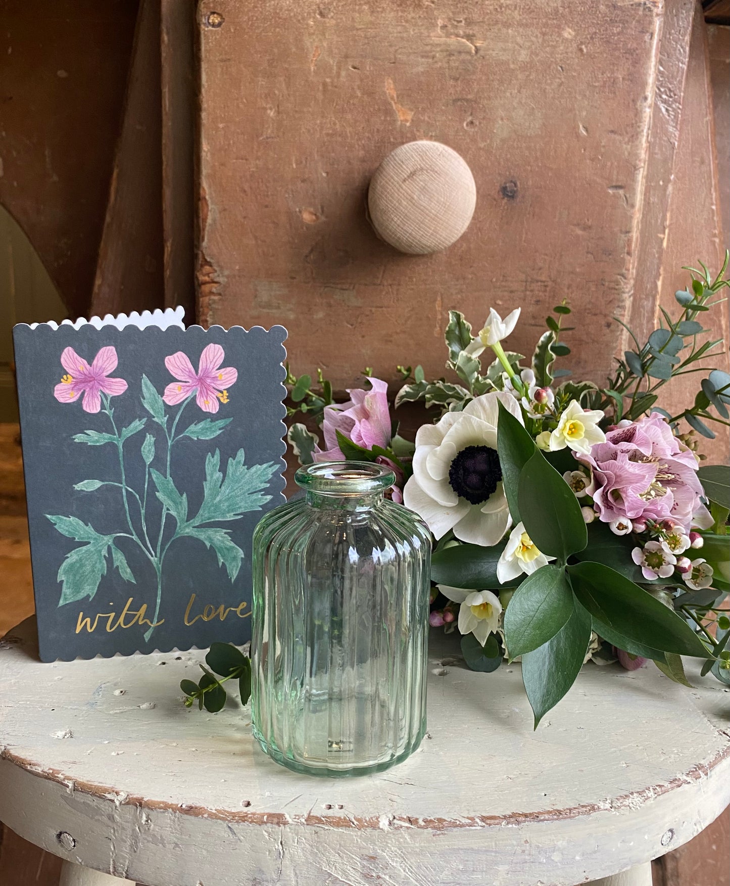 With Love, Card & a posy of seasonal flowers