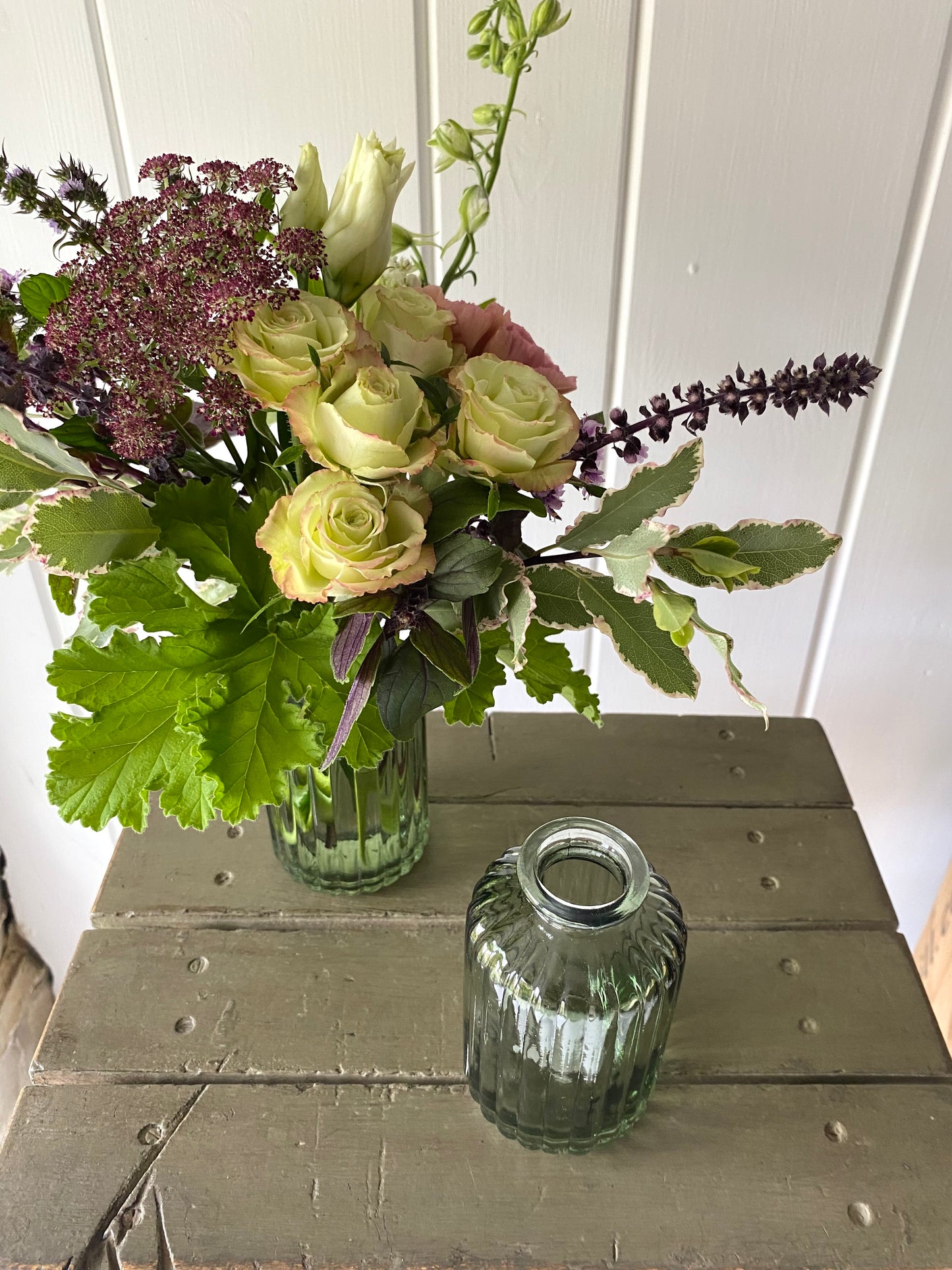 Ribbed Glass Bud Vase in Forest & a posy of seasonal flowers