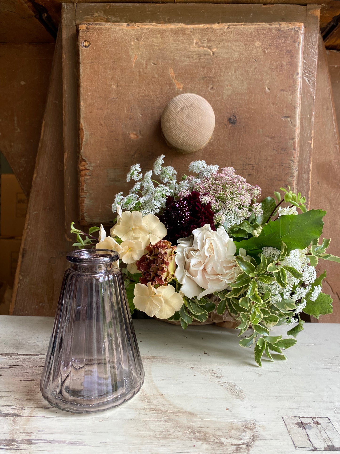 Smoke Pyramid Glass Bud Vase - including a posy of seasonal flowers
