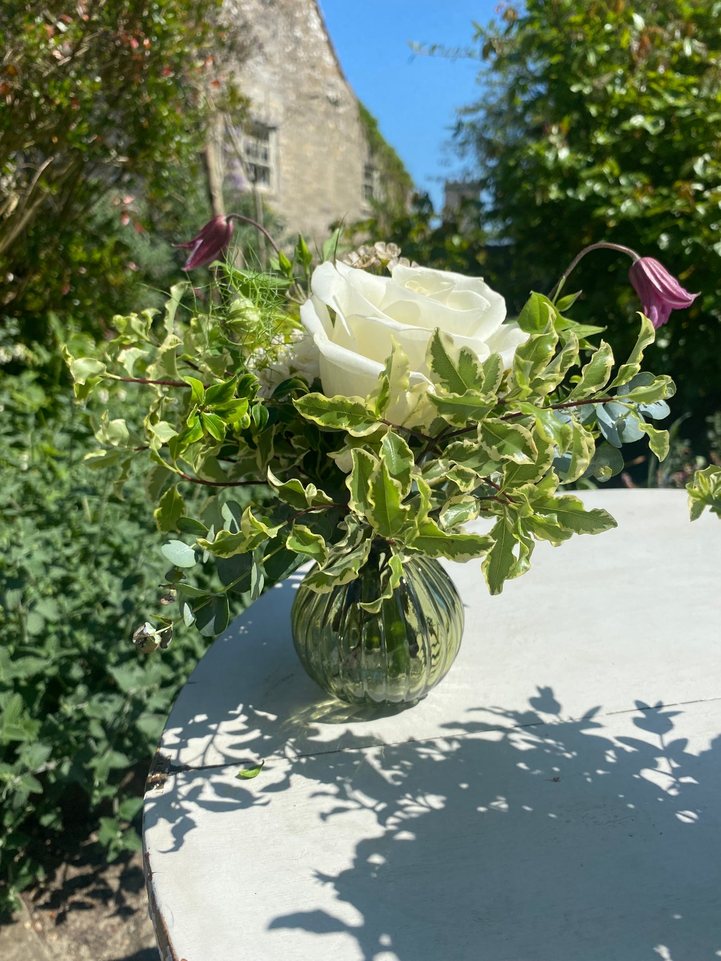 Sage ribbed Glass Bud Vase Bowl - including a posy of seasonal flowers