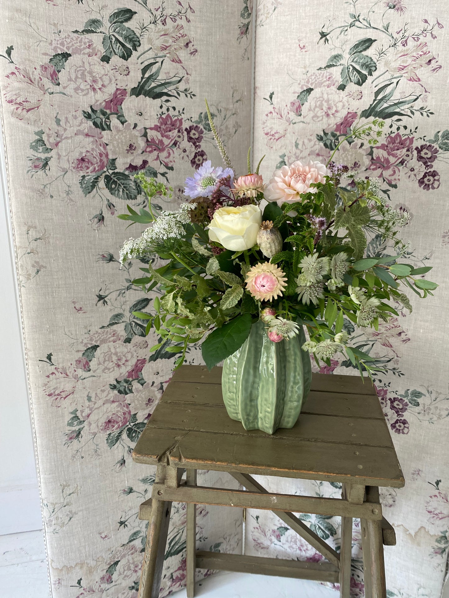 Large Textured Sage Ceramic - including a posy of flowers