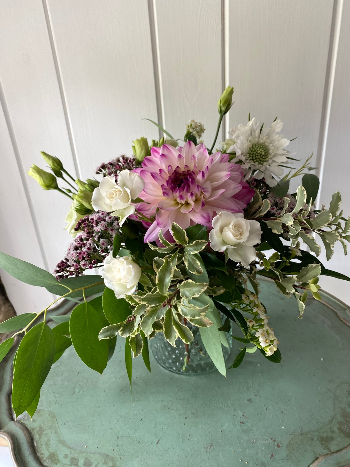 Bobble Glass Jar in Clear and a seasonal posy of flowers