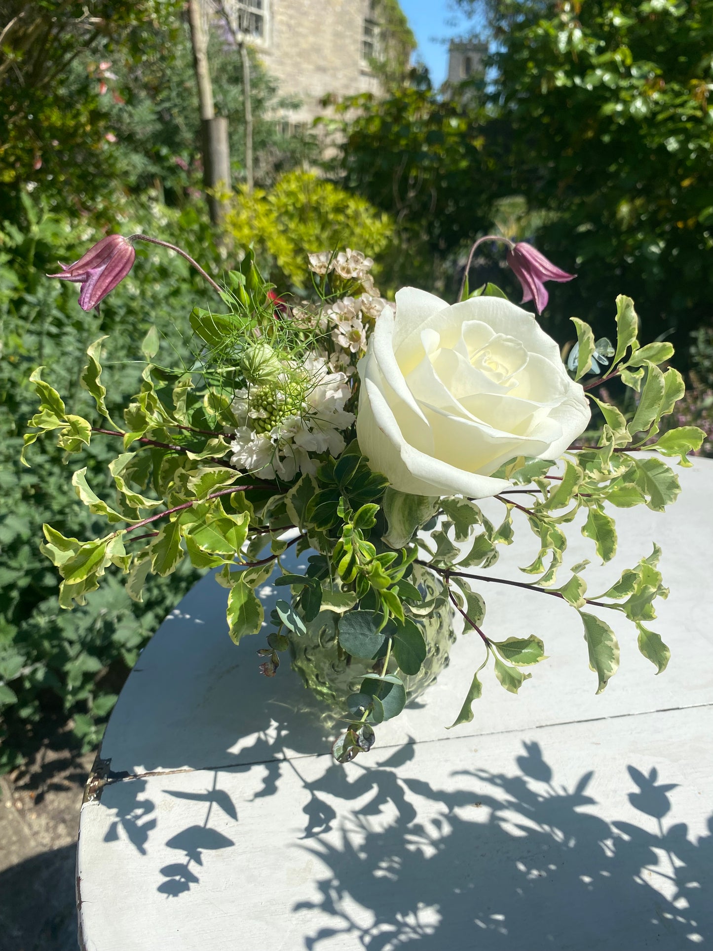 Sage Bobbly Glass Bud Vase Bowl - including a posy of seasonal flowers