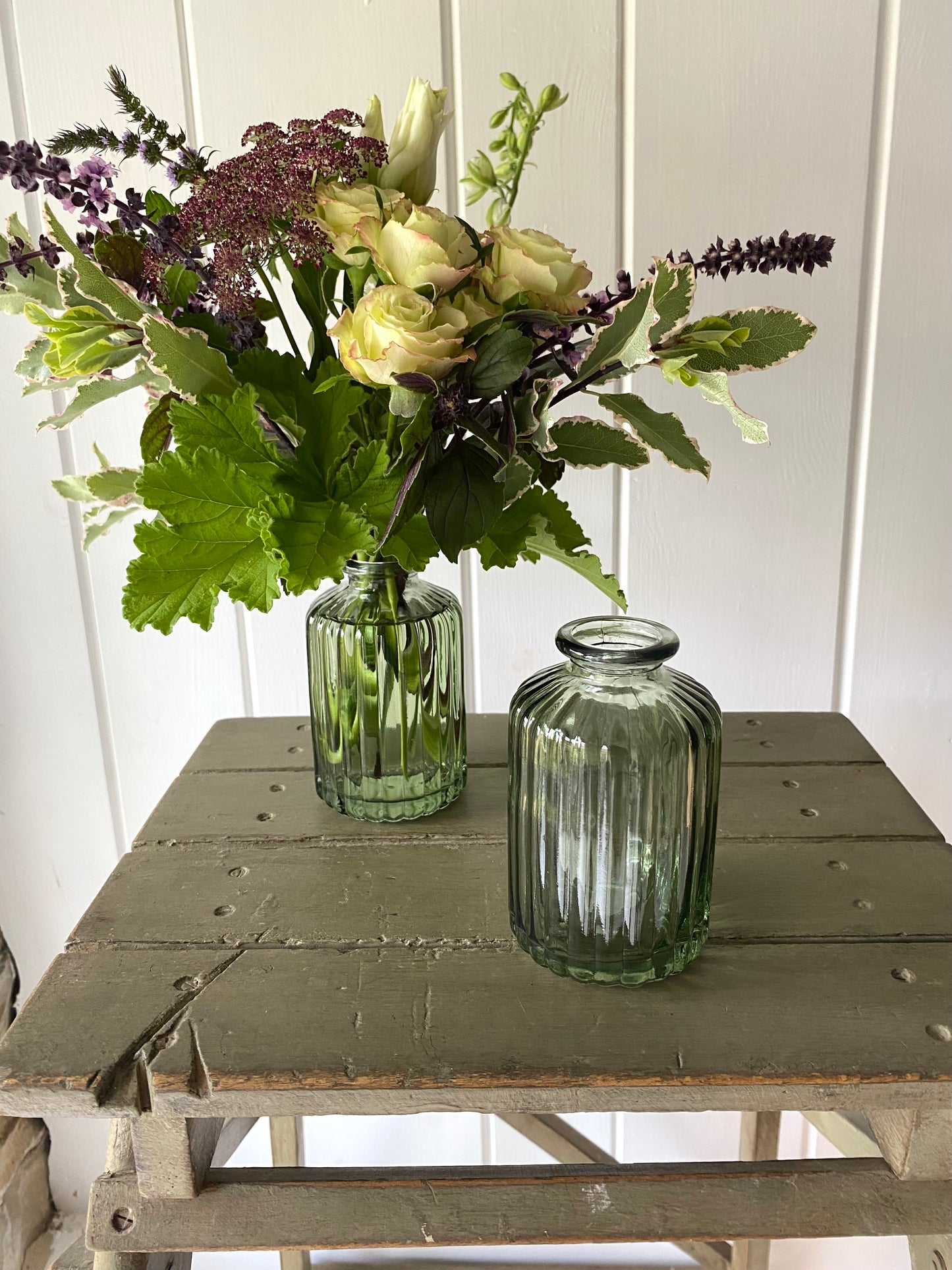 Ribbed Glass Bud Vase in Forest & a posy of seasonal flowers