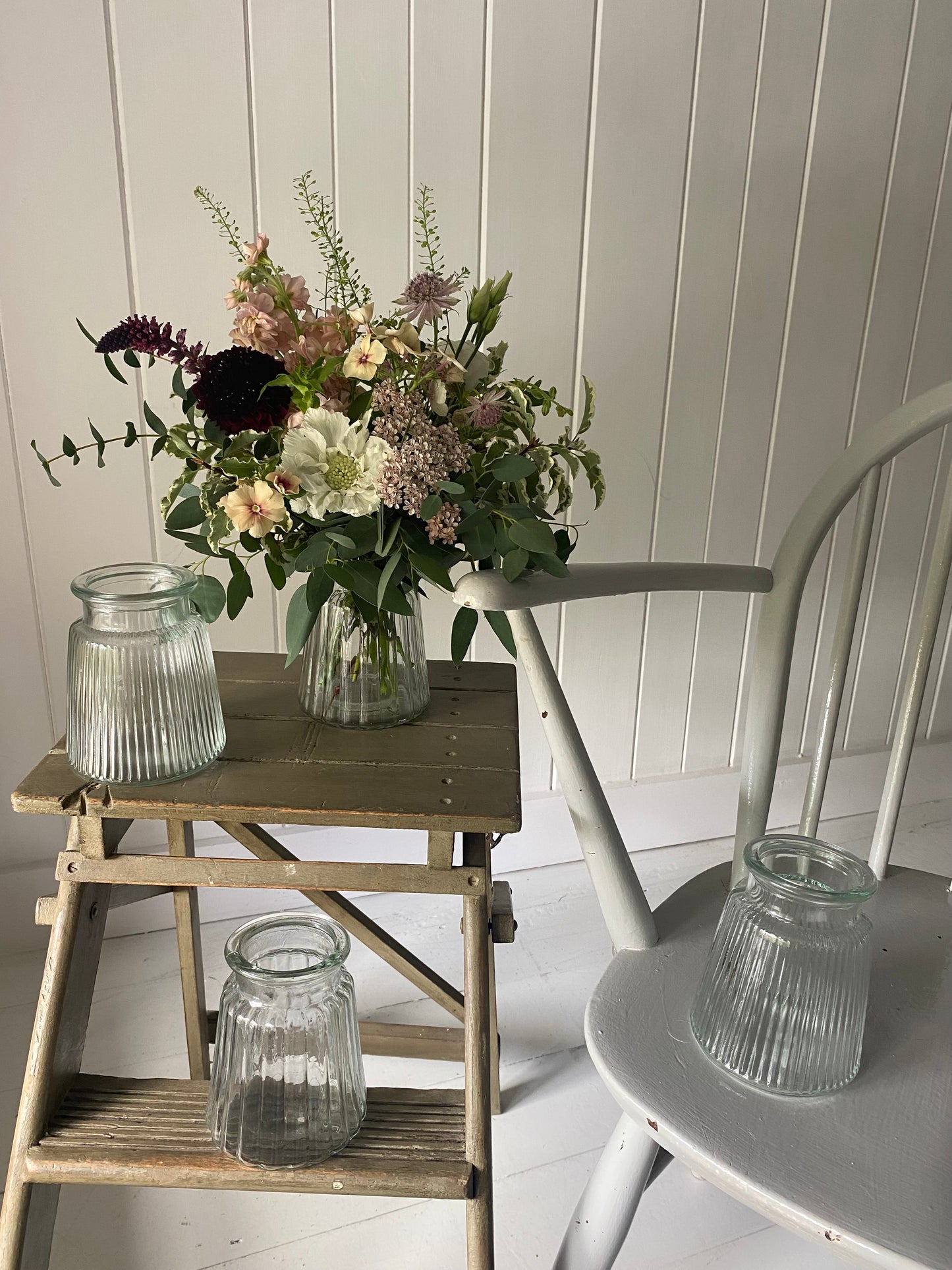 Clear Ribbed Glass Jar - including a posy of seasonally inspired flowers