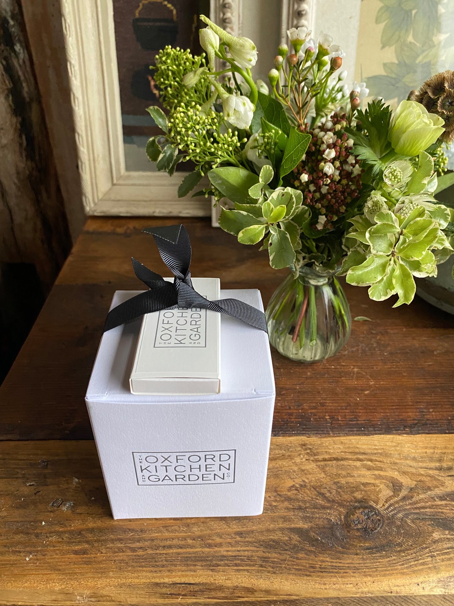 Midwinter Nights Candle with a Posy Bud Vase - including a posy of seasonal flowers