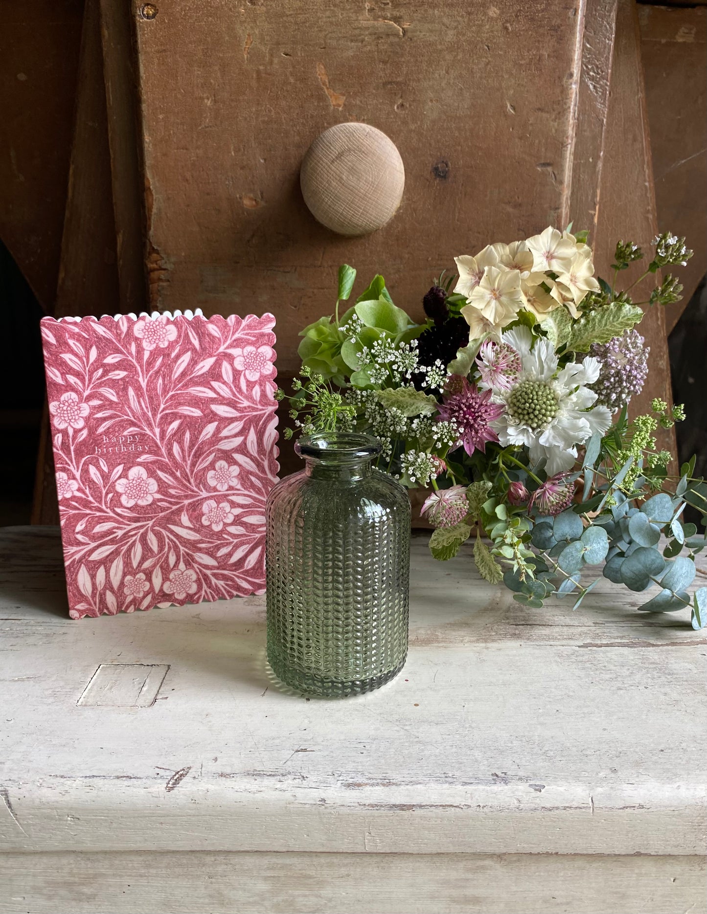 Happy Birthday, Card & a posy of seasonal flowers