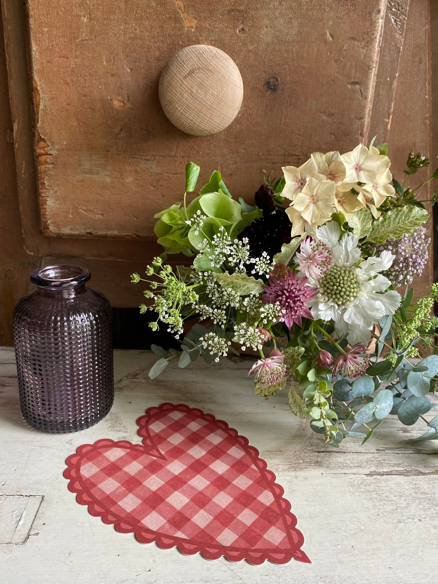 Gingham Heart Postcard & a posy of seasonal flowers
