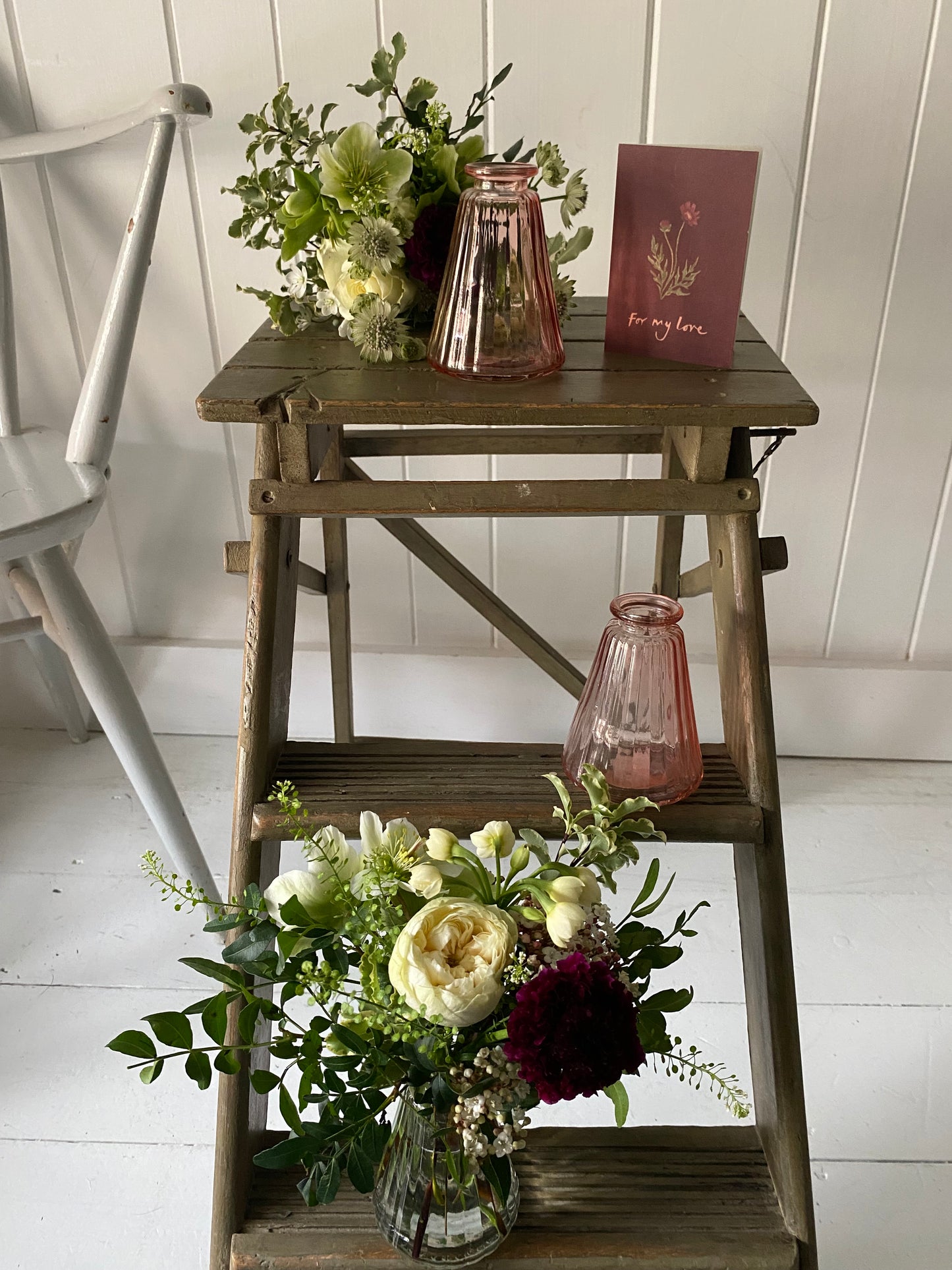 For My Love - Glass Bud Vase in pink, Card & a posy of seasonal flowers