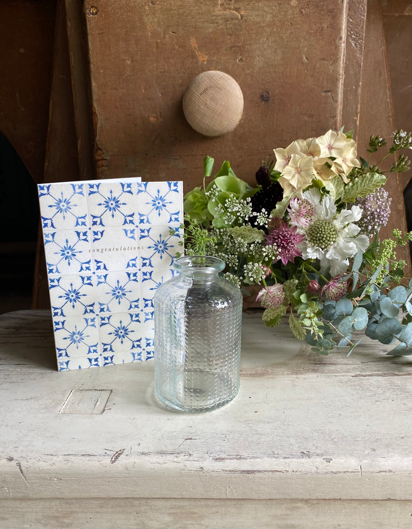 Congratulations Card & a posy of seasonal flowers