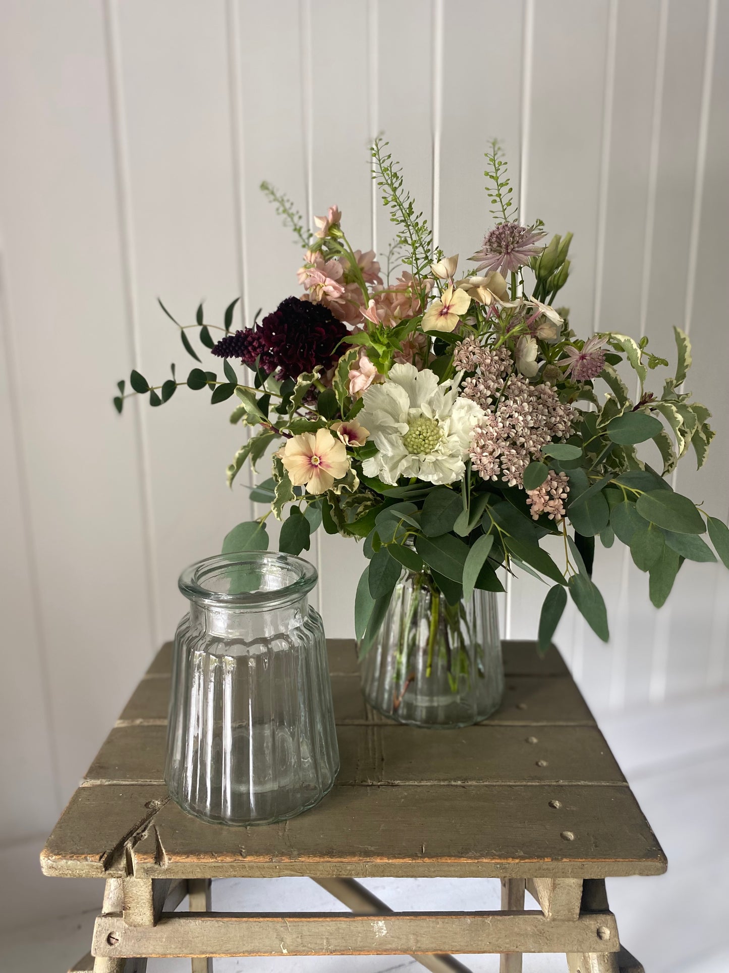 Clear Ribbed Glass Jar - including a posy of seasonally inspired flowers