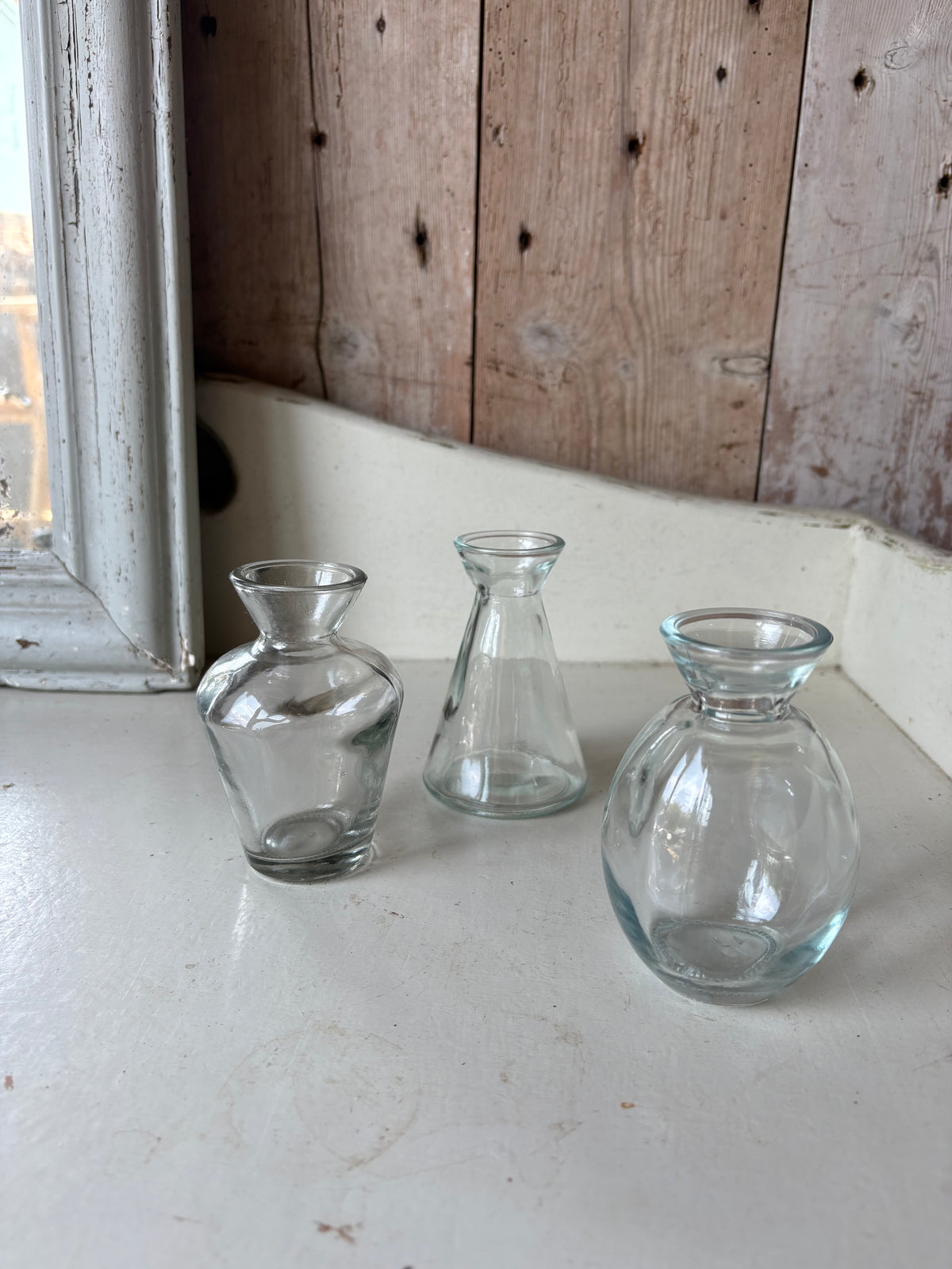 In Good Company. Three Recycled Clear Glass Bud Vases + Flowers