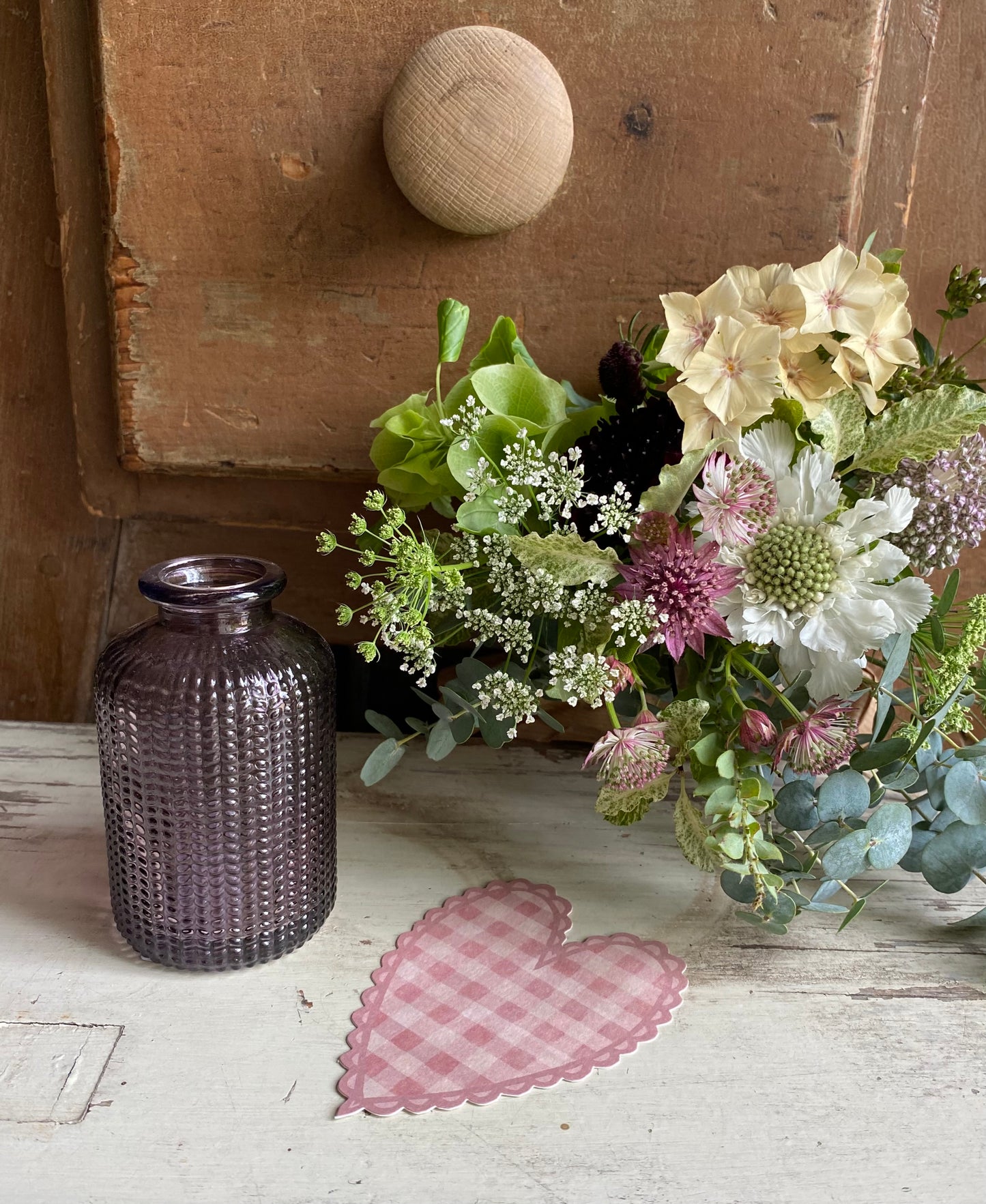 Gingham Heart Postcard & a posy of seasonal flowers