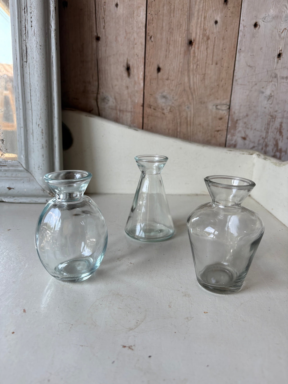 In Good Company.  Three Recycled Clear Glass Bud Vases + Flowers