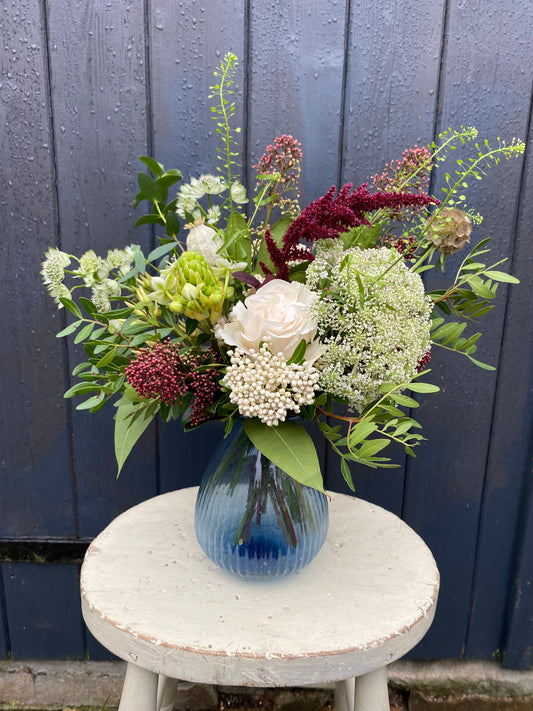 Iris Glass Bud Vase - including a posy of seasonal flowers