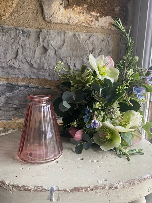 Blush Pyramid Glass Bud Vase - including a posy of seasonal flowers