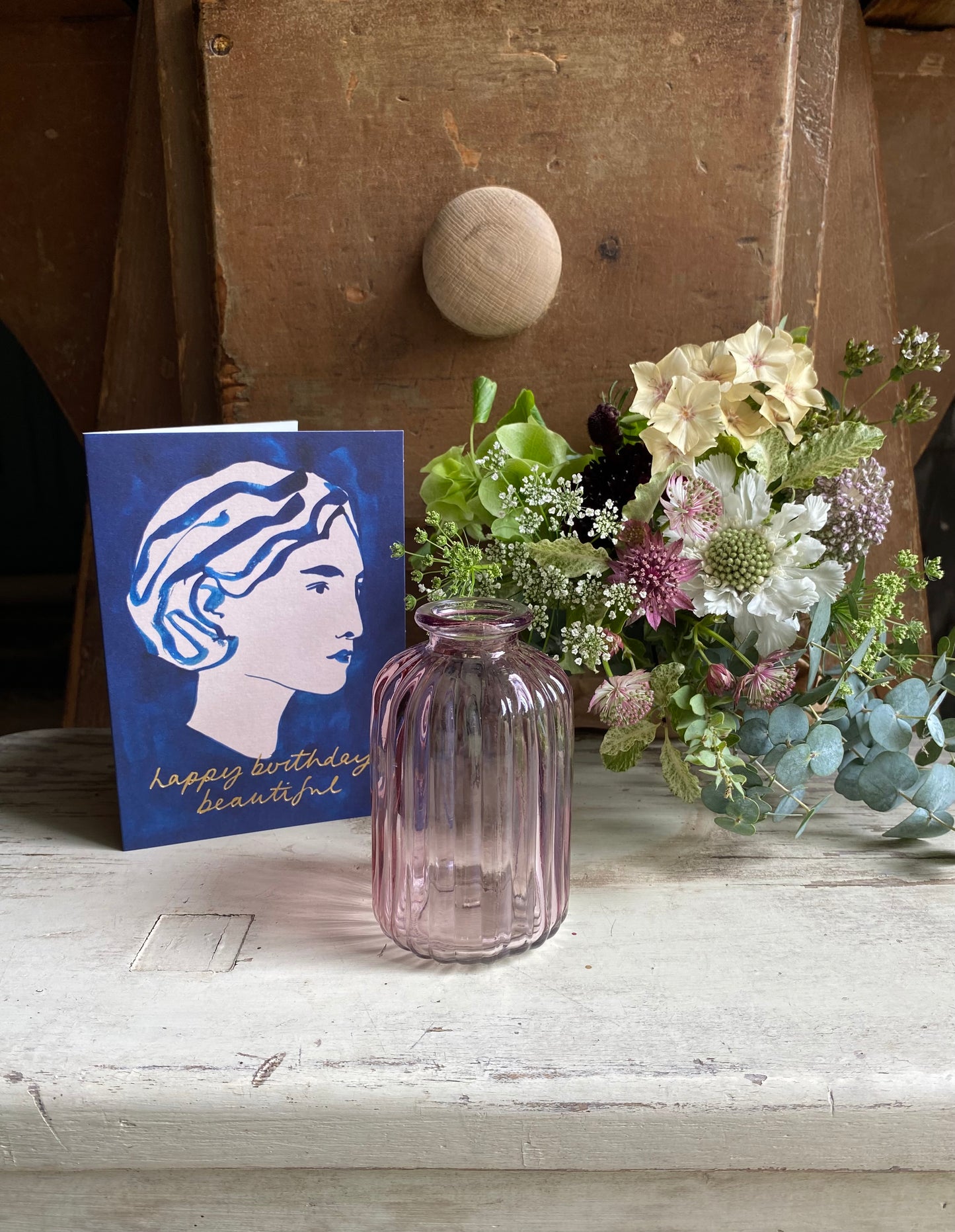 Happy Birthday Beautiful, Card & a posy of seasonal flowers