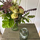 Ribbed Glass Bud Vase in Forest & a posy of seasonal flowers