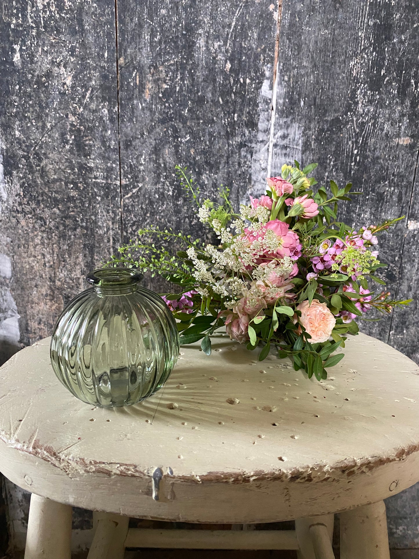 Forest Ribbed Glass Bud Vase Bowl - including a posy of seasonal flowers
