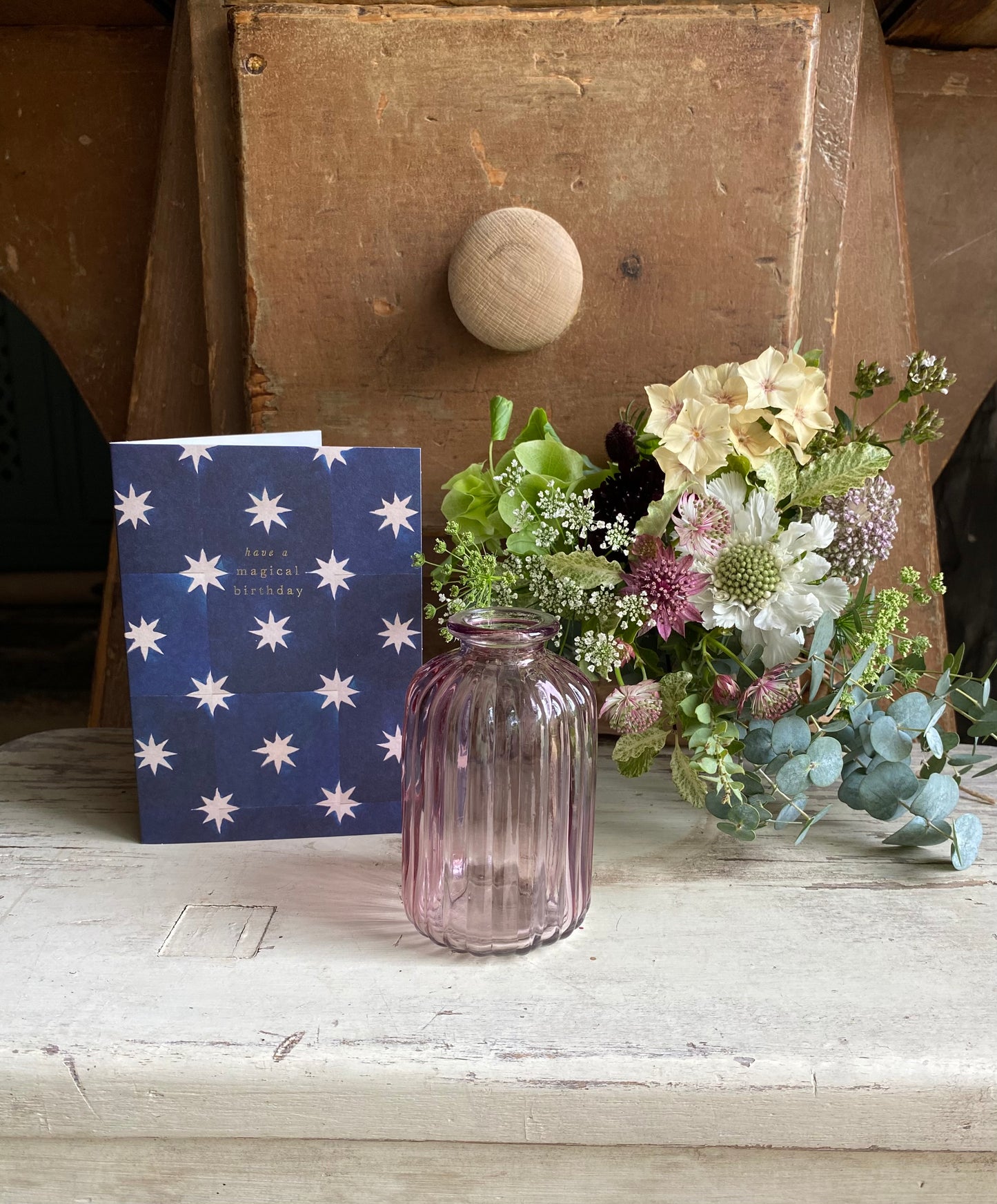 Magical Birthday, Card & a posy of seasonal flowers