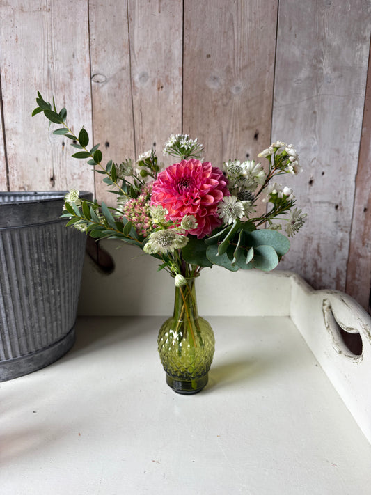 Dainty Laurel.  Olive Green Bud Vase + Flowers