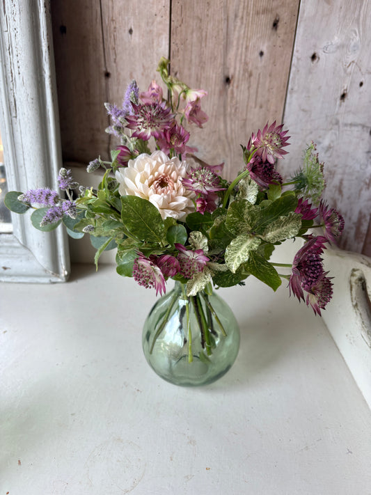Sage Bud Vase in Clear - including a posy of seasonal flowers