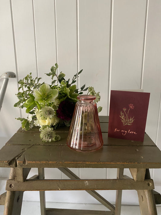 I Love You - Glass Bud Vase in Clear, Card & a posy of seasonal flowers