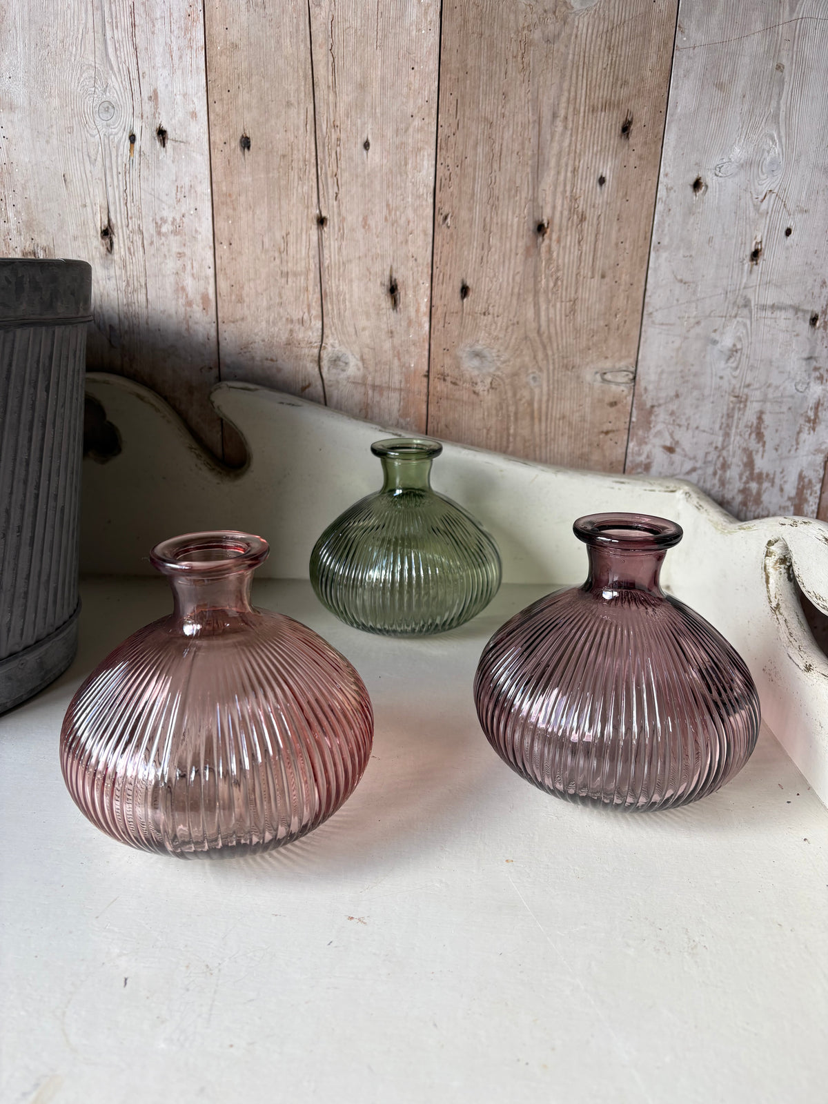 Striped & Rounded. Subtle Shades of Mauve, Forest & Blush Olive, Large Bud Vases + Flowers
