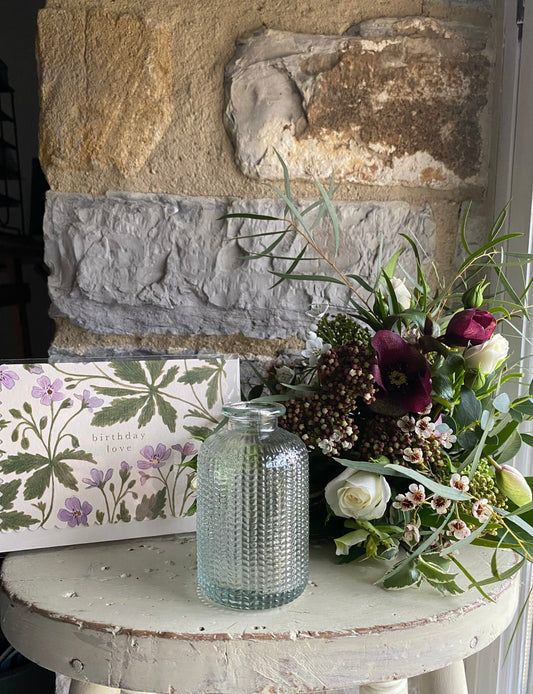 Glass Bud Vase in Clear, Birthday Card & a posy of seasonal flowers