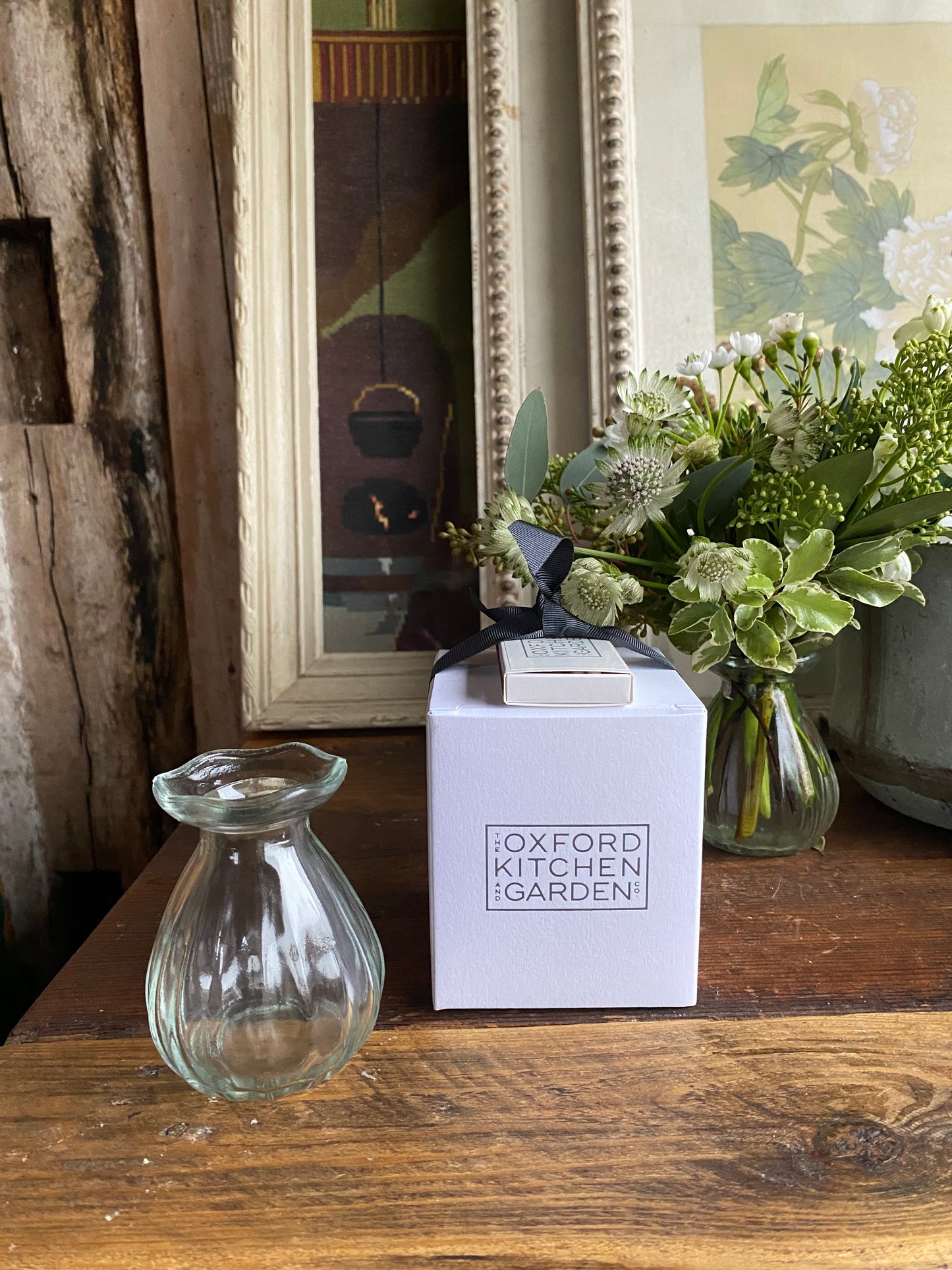 Midwinter Nights Candle with a Posy Bud Vase - including a posy of seasonal flowers