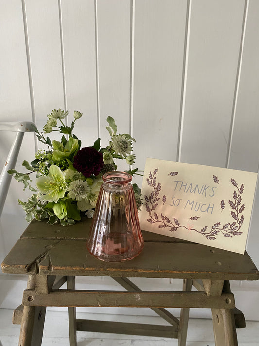 Thank You - Glass Bud Vase in pink, Card & a posy of seasonal flowers
