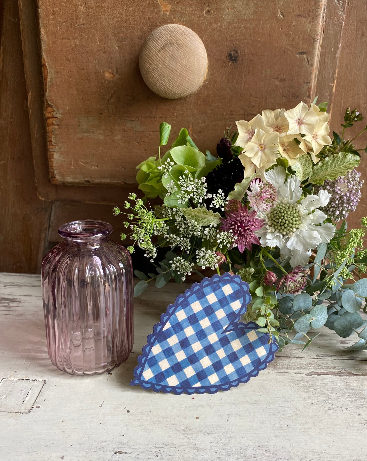Gingham Heart Postcard & a posy of seasonal flowers