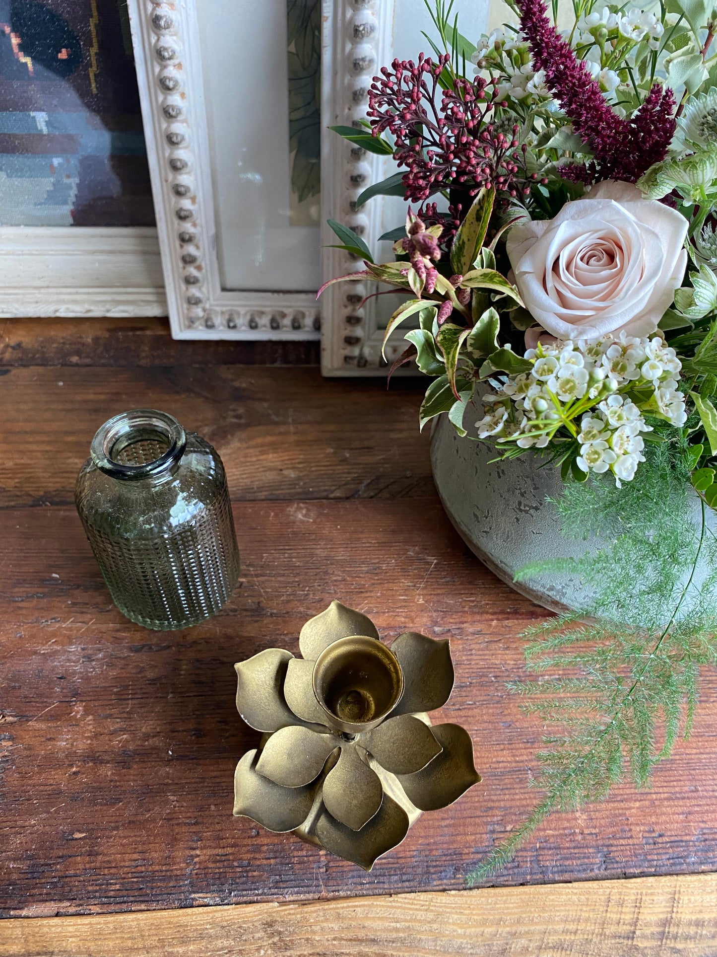 Forest Glass Bud Vase with Candlestick - including a posy of seasonal flowers