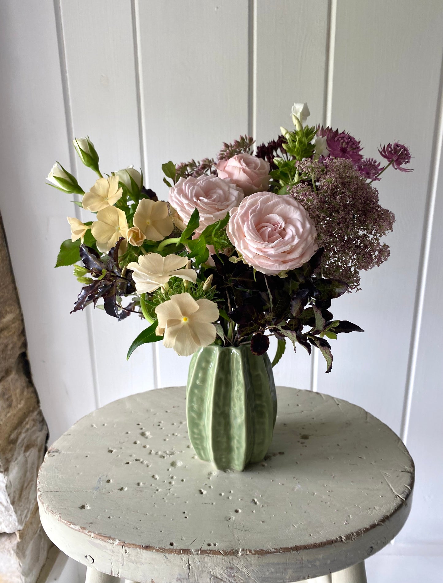 Textured Sage Ceramic Vase (approx 11cm) including posy of flowers