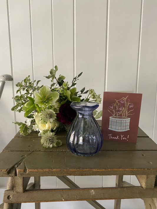 Thank You - Glass Bud Vase in Blue, Card & a posy of seasonal flowers