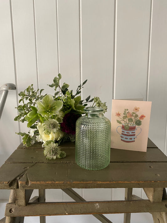 Feathered Glass Bud Vase in Spring Green, Card & a posy of seasonal flowers