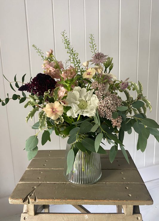 Clear Striped Glass Jar - including a posy of seasonally inspired flowers
