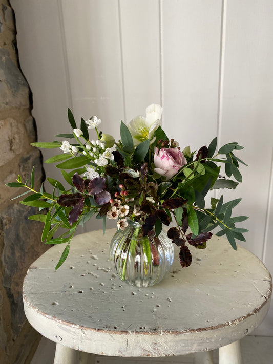 Clear Ribbed Glass Bud Vase Bowl - including a posy of seasonal flowers