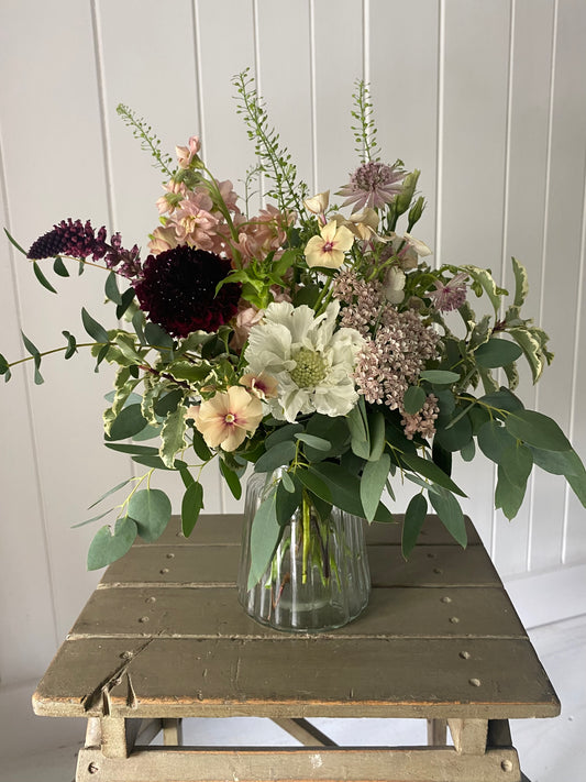 Clear Ribbed Glass Jar - including a posy of seasonally inspired flowers