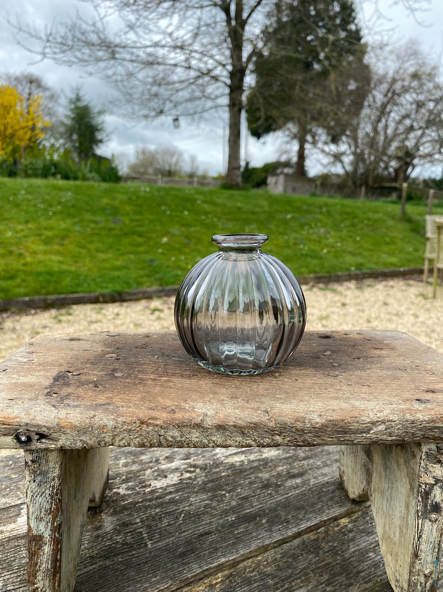 Grey Ribbed Glass Bud Vase Bowl - including a posy of seasonal flowers