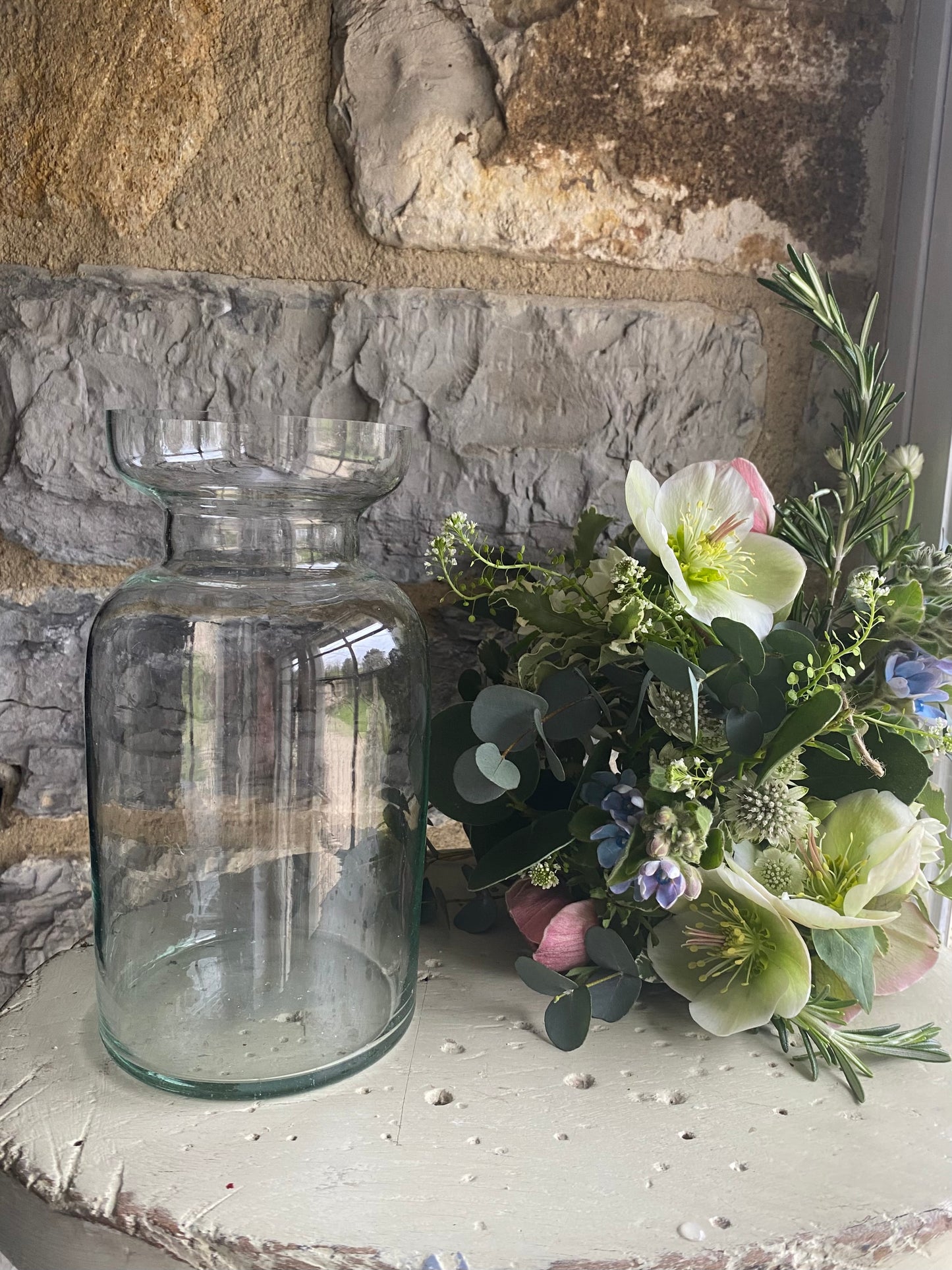 Clear Pretty Neck Glass Vase - including a posy of seasonal flowers
