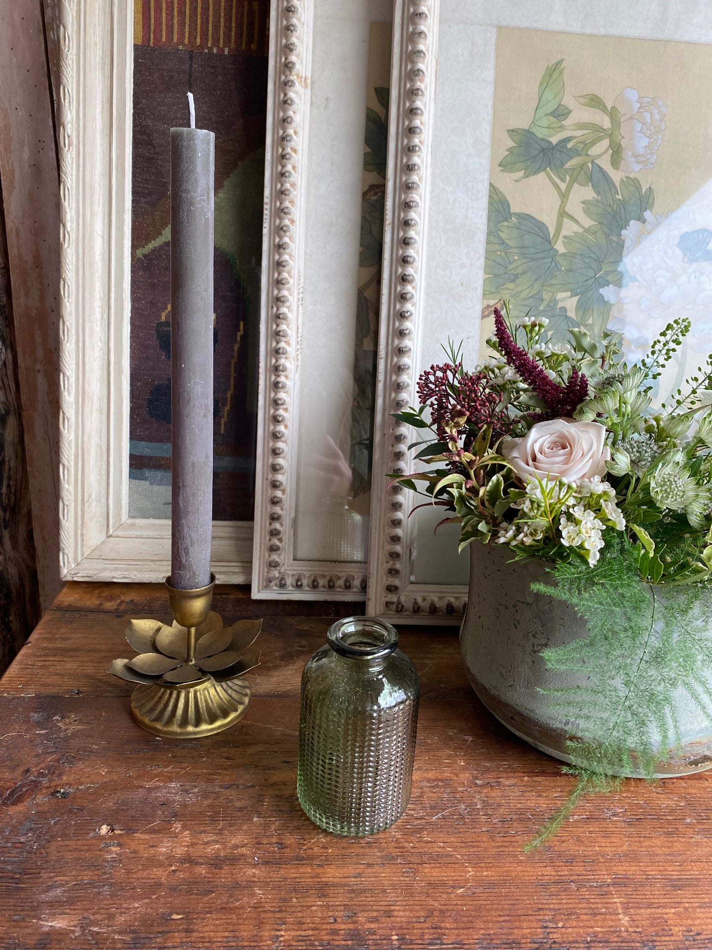 Forest Glass Bud Vase with Candlestick - including a posy of seasonal flowers