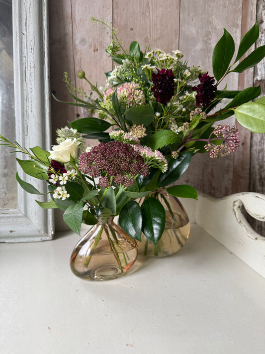 Beautiful & Unusual. A Pair of Recycled Apricot Glass Bud Vases + Flowers
