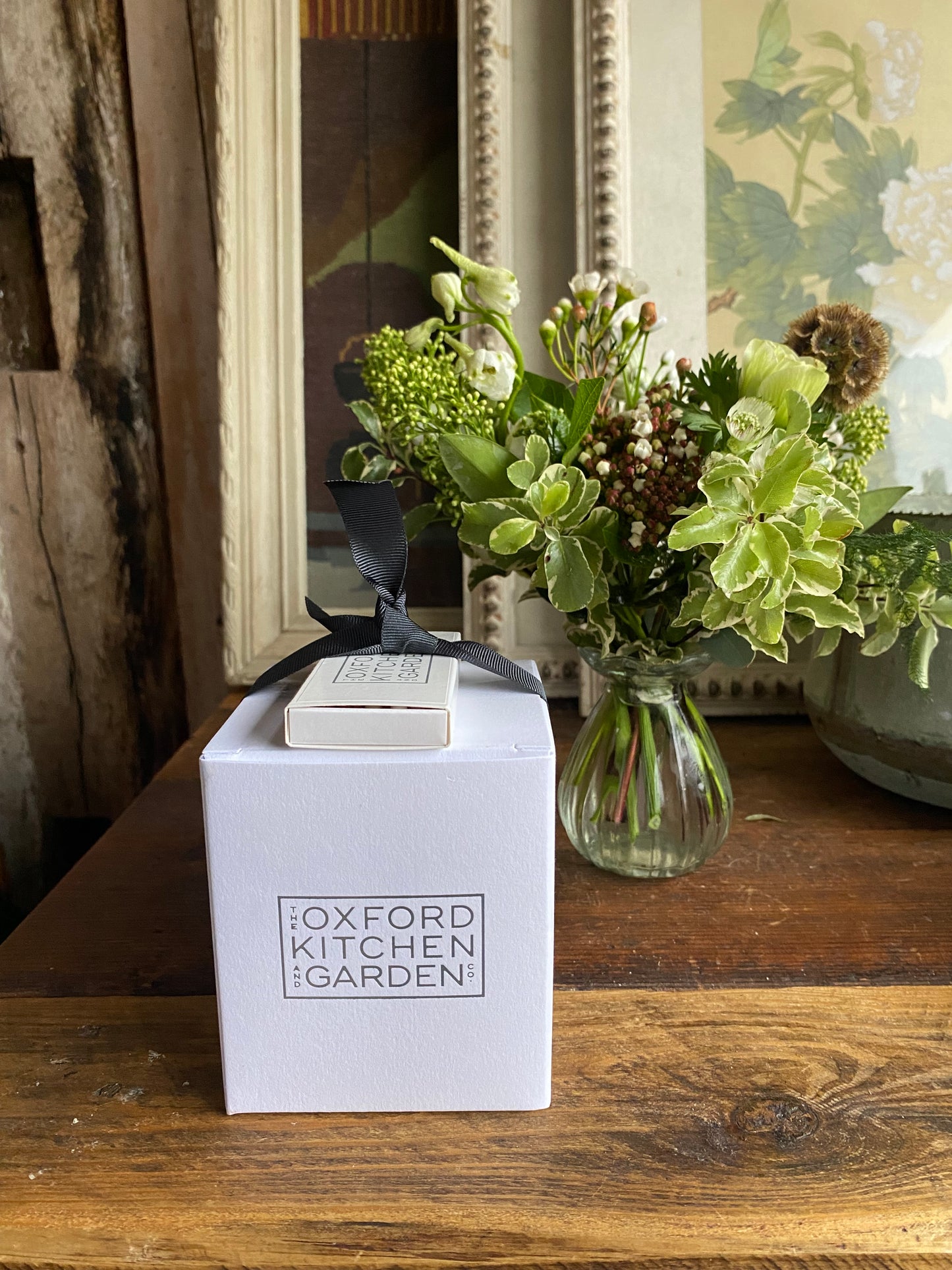 Midwinter Nights Candle with a Posy Bud Vase - including a posy of seasonal flowers