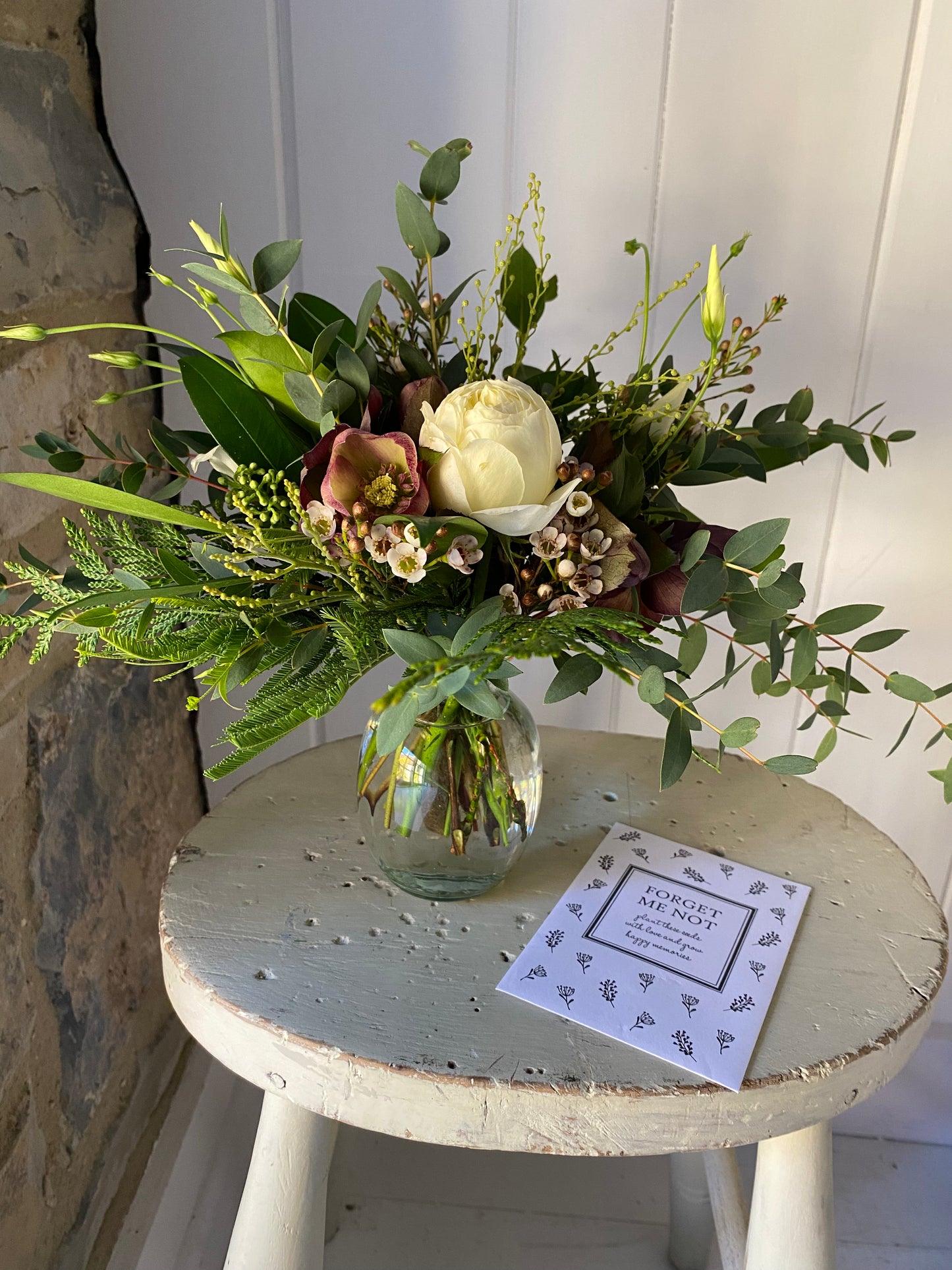 Sympathy Gift Box - including posy of seasonal flowers in a ripple vase and Angel & Dove Forget Me Not seeds and a rosemary sprig for remembrance