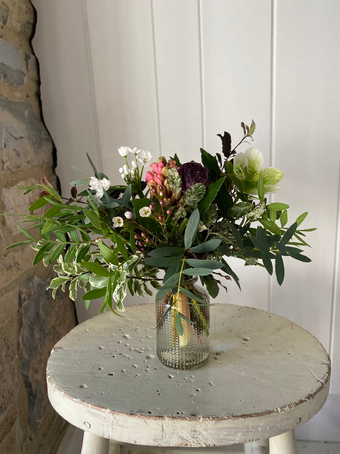 Clear Feathered Bud Vase - including a posy of seasonal flowers