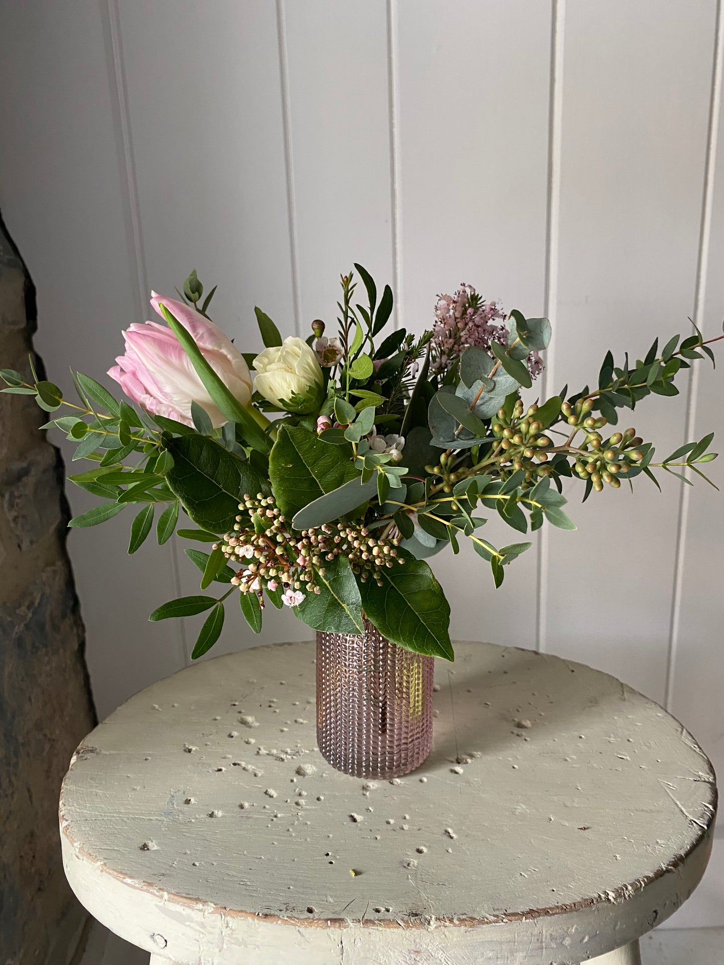 Pink Feather - including a posy of seasonal flowers