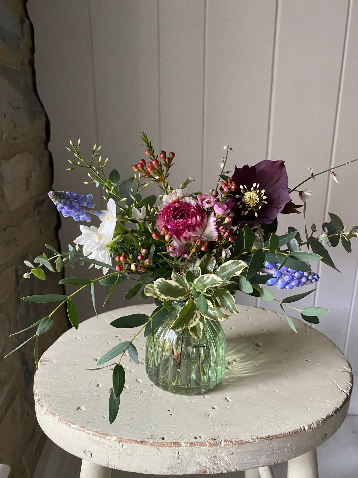 Little Ribbed Sage Vase - including a posy of seasonal flowers