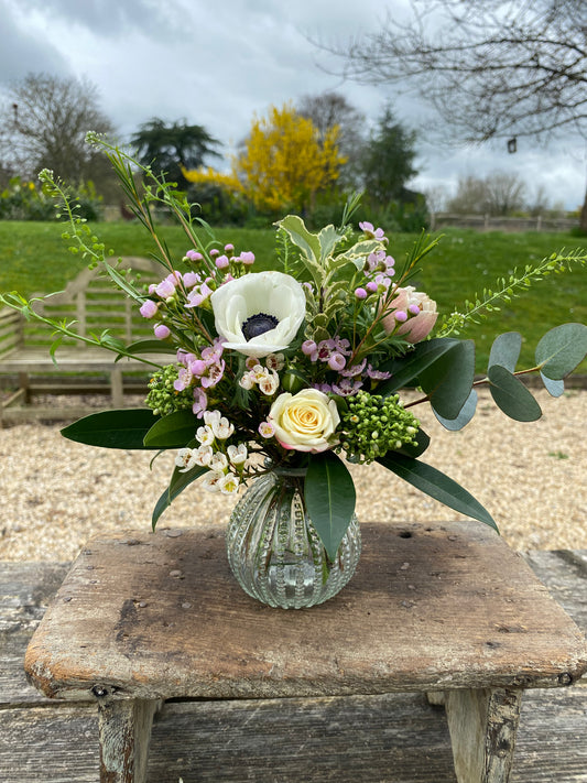 Beaded Glass Bud Vase Bowl - including a posy of seasonal flowers
