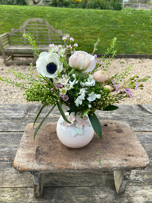 Pretty Ceramic Bud Vase with Rose Detail - including a posy of seasonal flowers